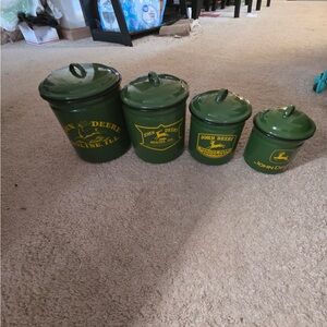4 Vintage John Deer Moline Illinois enamelware canisters perfect condition